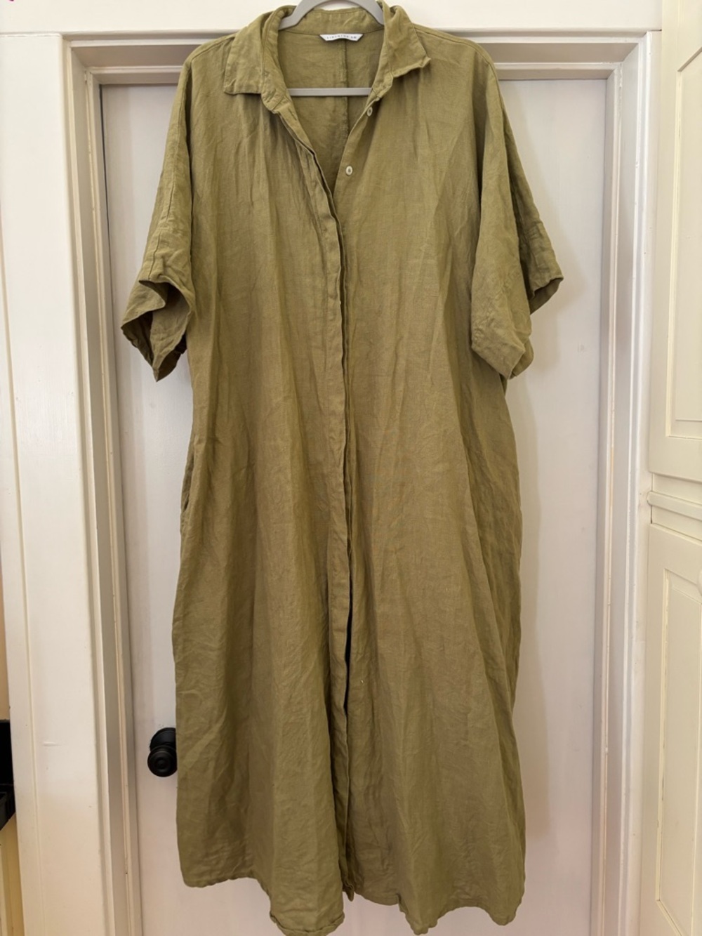 Linenfox Olive-Green Linen Maxi Shirt Dress